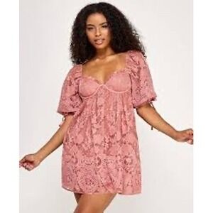 Seni & Cade JrsPink Lace Puff Sleeve Mini Dress Bustier Babydoll Open Back Small